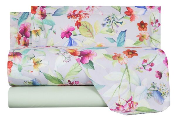 Completo Lenzuola In Percalle Florry Matrimoniale - 250X290 175X205 + 2 Federe 50X80 Mirabello Floreale Rosa Caleffi
