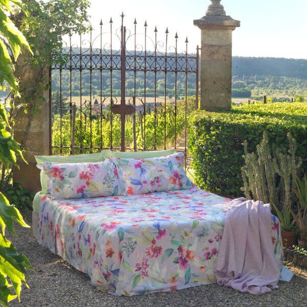 Completo Lenzuola In Percalle Florry Matrimoniale - 250X290 175X205 + 2 Federe 50X80 Mirabello Floreale Rosa Caleffi