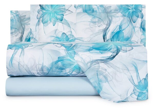 Completo Lenzuola In Percalle Sea Flower Matrimoniale - 250X290 175X205 + 2 Federe 50X80 Mirabello Floreale Turchese Caleffi