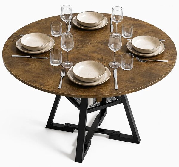 Tavolo per Sala da Pranzo Tondo Ø120 cm Stile Industrial con Ripiano Effetto Legno