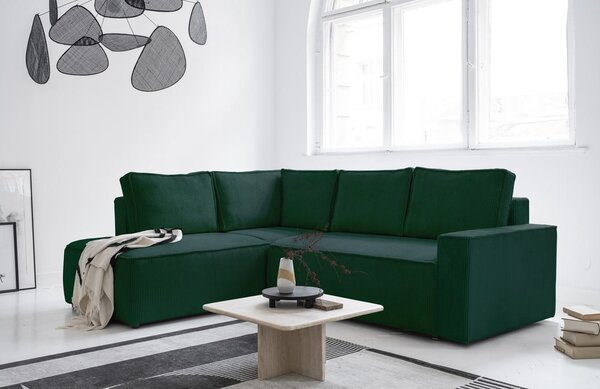 Divano letto angolare in velluto a coste verde scuro Brave Dave - Miuform