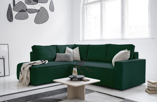 Divano letto angolare in velluto a coste verde scuro Brave Dave - Miuform