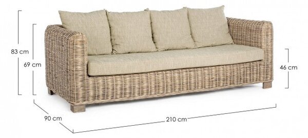Divano 3 Posti 210x90x83h cm con Cuscini Fortaleza