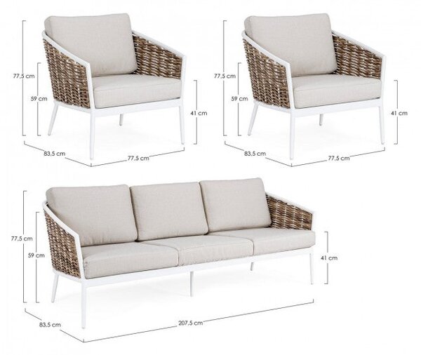 Set Salotto da Giardino Divano 2 Poltrone con Cuscini Maribela Bianco