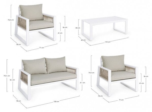 Set Salotto da Giardino Divano 2 Poltrone e Tavolino Captiva Bianco