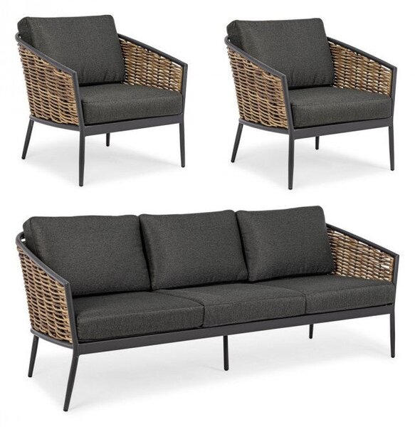 Set Salotto da Giardino Divano 2 Poltrone con Cuscini Maribela Antracite