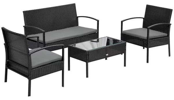 Set Salotto da Giardino Divano 2 Poltrone e Tavolino Nero