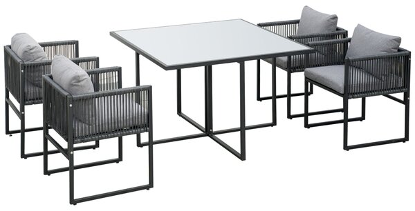 Set Tavolo e 4 Sedie da Giardino con Cuscini in Rattan PE Nero e Grigio