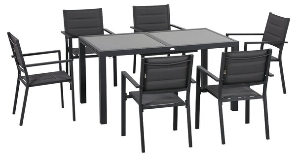 Set Tavolo Allungabile in Vetro e 6 Sedie da Giardino in Alluminio e Tessuto a Rete Grigio Scuro
