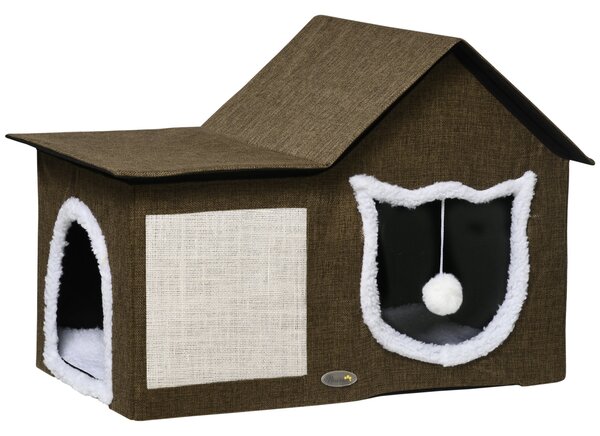Cuccia Casetta per Gatti 65x41x45,5 cm in MDF Finto Lino e Sisal Marrone