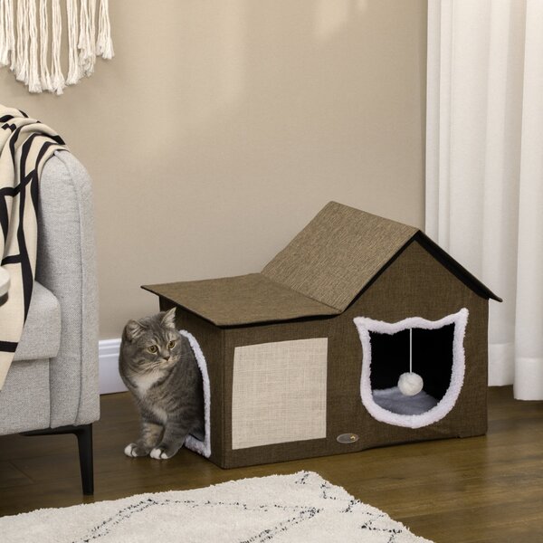 Cuccia Casetta per Gatti 65x41x45,5 cm in MDF Finto Lino e Sisal Marrone