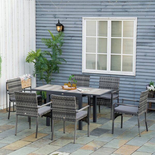 Set Tavolo Allungabile e 6 Sedie da Giardino con Cuscini in Rattan PE Grigio e Marrone