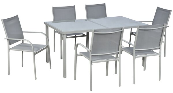 Set Tavolo in Vetro Temperato e 6 Sedie con Tessuto a Rete Grigio