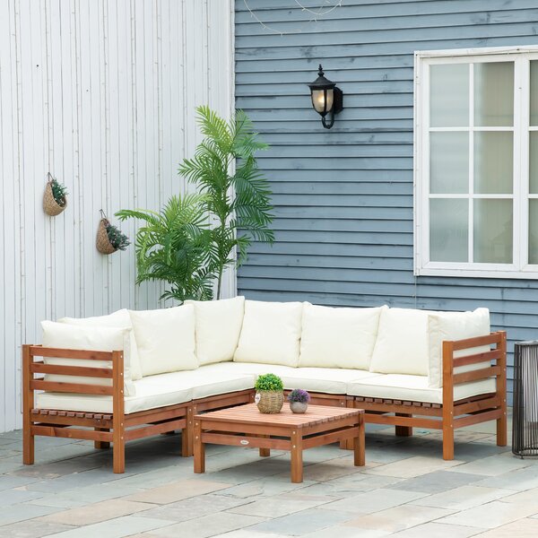 Set Salotto da Giardino con Divanetto Modulabile Cuscini e Tavolino in Legno