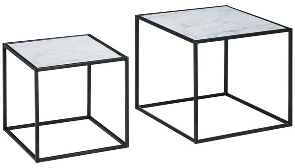 Set 2 Tavolini Quadrati Impilabili in Acciaio e Vetro Temperato Nero e Effetto Marmo