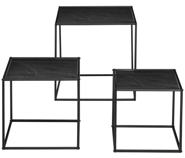Set 3 Tavolini Quadrati Impilabili in Acciaio e Vetro Temperato Nero e Effetto Marmo