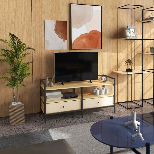 Mobile TV Max 55” 120x40x59 cm in Acciaio e Truciolato Nero e Legno Naturale
