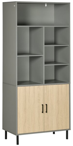 Credenza 6 Ripiani 2 Ante 76x40x179 cm in Truciolato Grigio e Rovere