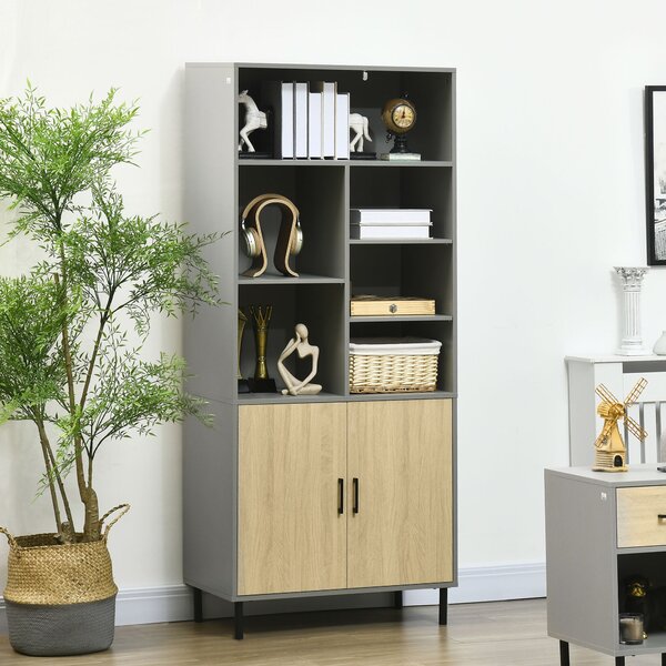 Credenza 6 Ripiani 2 Ante 76x40x179 cm in Truciolato Grigio e Rovere