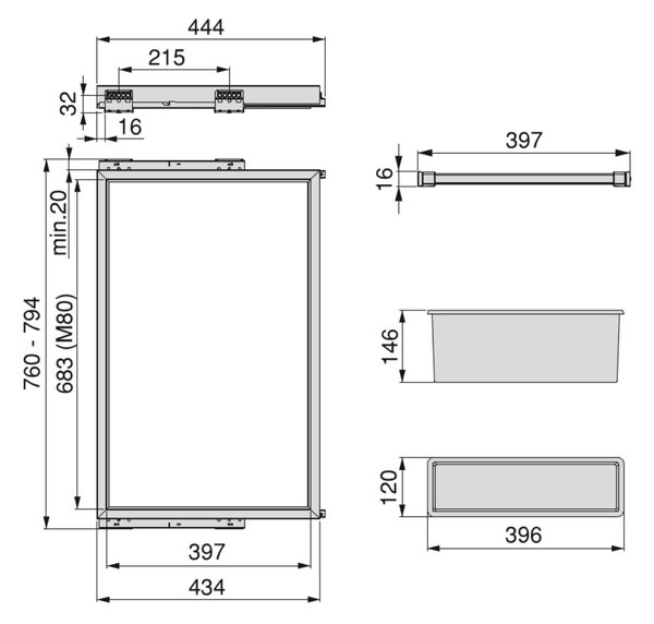 Kit 7 Aste Pantaloni e Vassoio per Armadio 800 mm in Acciaio Emuca Nero