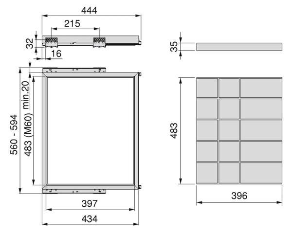 Kit Cassetto Organizzatore e Telaio per Armadio 600 mm in Alluminio e Plastica Emuca Grigio Pietra