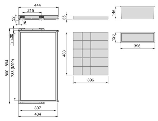 Kit Cassetto Organizzatore e Telaio per Armadio 900 mm in Alluminio e Plastica Emuca Nero