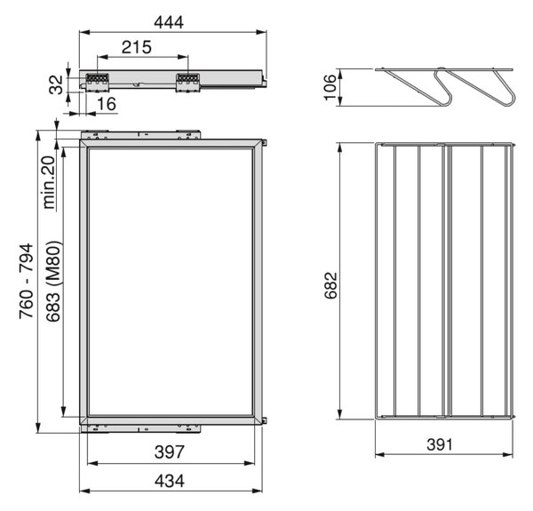 Kit Cassetto Portascarpe e Telaio per Armadio 800 mm in Alluminio e Plastica Emuca Grigio Pietra