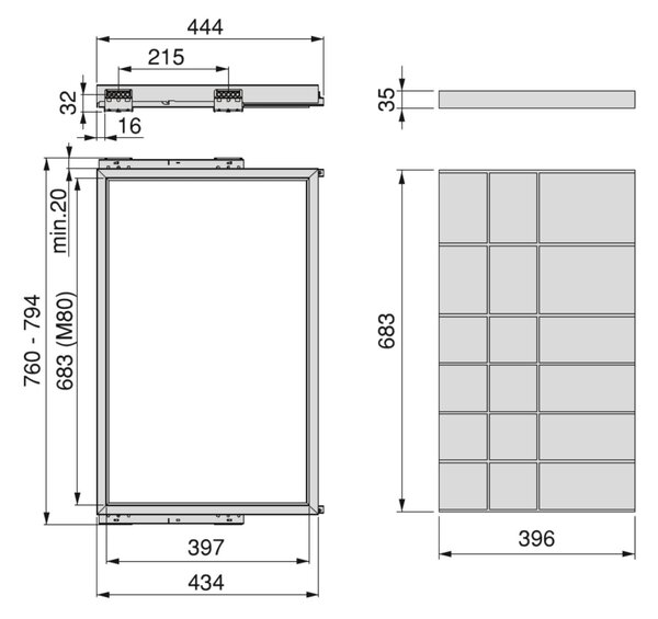 Kit Cassetto Organizzatore e Telaio per Armadio 800 mm in Alluminio e Plastica Emuca Grigio Pietra