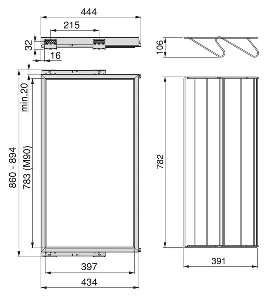 Kit Cassetto Portascarpe e Telaio per Armadio 900 mm in Alluminio e Plastica Emuca Grigio Pietra