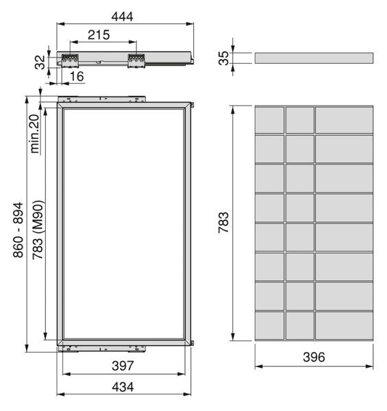 Kit Cassetto Organizzatore e Telaio per Armadio 900 mm in Alluminio e Plastica Emuca Grigio Pietra