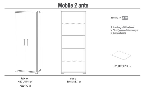 Armadio 2 Ante 71x182x41 cm Noce Stelvio/Ossido Nero
