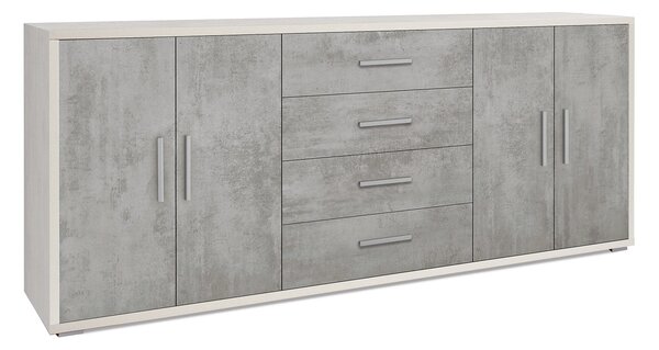Mobile Basso 4 Ante 4 Cassetti 203x84x41 cm Ossido Bianco/Cemento