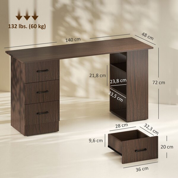 HOMCOM Scrivania Moderna con 3 Cassetti e 3 Ripiani per Camera e Ufficio, in Legno, 120x49x72 cm, Color Noce | Aosom Italy