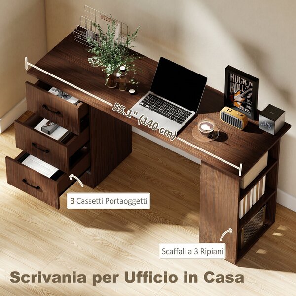 HOMCOM Scrivania Moderna con 3 Cassetti e 3 Ripiani per Camera e Ufficio, in Legno, 120x49x72 cm, Color Noce | Aosom Italy