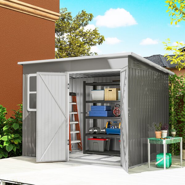 Outsunny Capanno in metallo per riporre attrezzi da giardino, con finestra, porta larga, 260 x 177 x 190 cm, Grigio chiaro | Aosom Italy