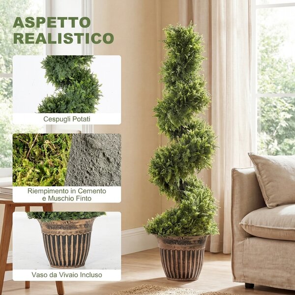 HOMCOM Set 2 Piante Finte di Cipresso a Spirale 120cm con Vaso Incluso, per Decorazione Interno ed Esterno, Verde | Aosom Italy