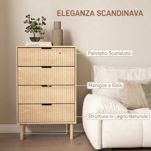 HOMCOM Cassettiera 4 Cassetti in Legno per Camera e Ingresso Stile Nordico, 60x39.5x96 cm, Rovere | Aosom Italy
