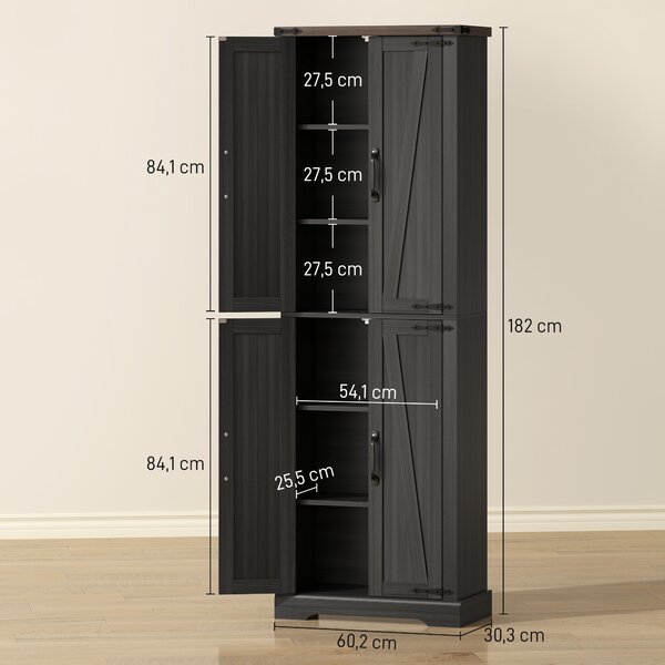 HOMCOM Credenza Cucina Alta Rustica con 4 Ante, Ripiani Regolabili, 2 Armadietti, 60.2x30.3x182 cm, Nero | Aosom Italy