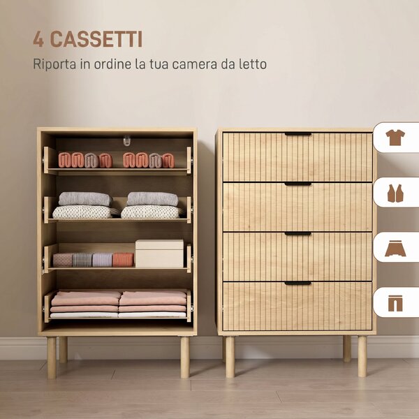 HOMCOM Cassettiera 4 Cassetti in Legno per Camera e Ingresso Stile Nordico, 60x39.5x96 cm, Rovere | Aosom Italy