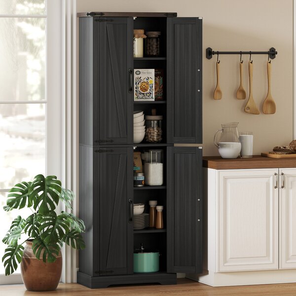 HOMCOM Credenza Cucina Alta Rustica con 4 Ante, Ripiani Regolabili, 2 Armadietti, 60.2x30.3x182 cm, Nero | Aosom Italy