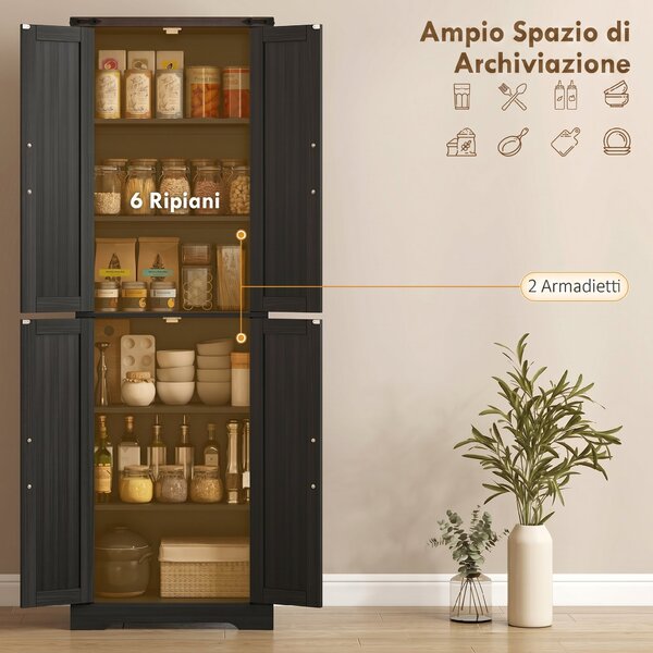 HOMCOM Credenza Cucina Alta Rustica con 4 Ante, Ripiani Regolabili, 2 Armadietti, 60.2x30.3x182 cm, Nero | Aosom Italy