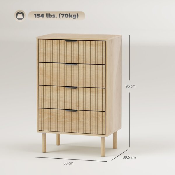 HOMCOM Cassettiera 4 Cassetti in Legno per Camera e Ingresso Stile Nordico, 60x39.5x96 cm, Rovere | Aosom Italy