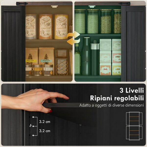 HOMCOM Credenza Cucina Alta Rustica con 4 Ante, Ripiani Regolabili, 2 Armadietti, 60.2x30.3x182 cm, Nero | Aosom Italy