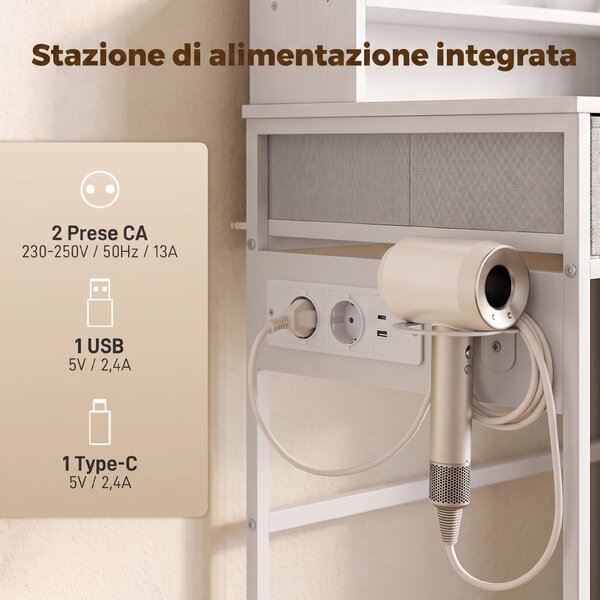 HOMCOM Toeletta Trucco con Specchio LED a 3 Colori, Presa Integrata, 4 Cassetti e 5 Ripiani Aperti, Bianco | Aosom Italy