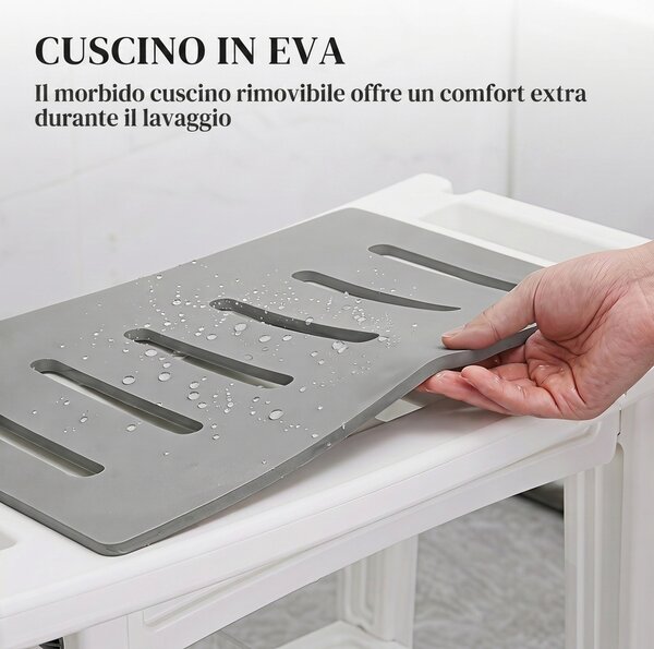 HOMCOM Sgabello da Bagno a 2 Livelli in HDPE con Cuscino in EVA, Ripiano Portaoggetti, Portata 120 kg, Bianco | Aosom Italy