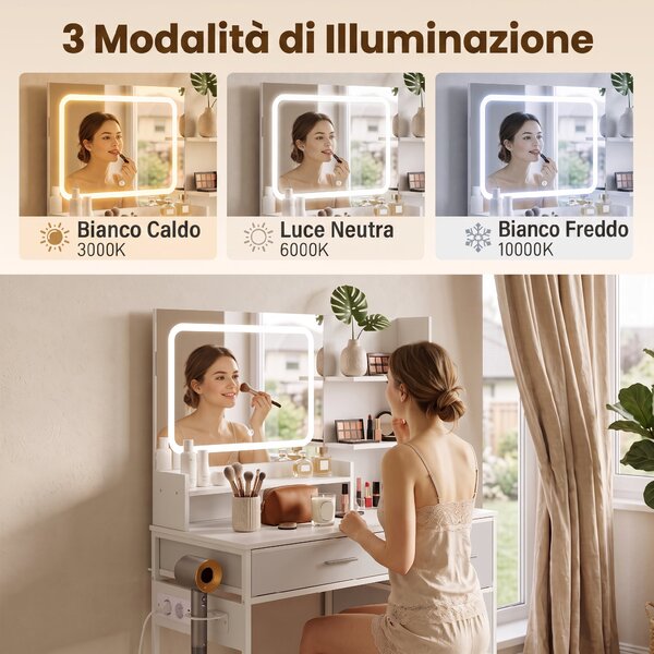 HOMCOM Toeletta Trucco con Specchio LED a 3 Colori, Presa Integrata, 4 Cassetti e 5 Ripiani Aperti, Bianco | Aosom Italy