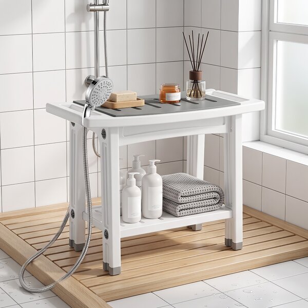 HOMCOM Sgabello da Bagno a 2 Livelli in HDPE con Cuscino in EVA, Ripiano Portaoggetti, Portata 120 kg, Bianco | Aosom Italy