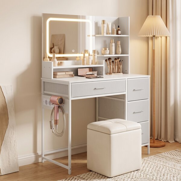 HOMCOM Toeletta Trucco con Specchio LED a 3 Colori, Presa Integrata, 4 Cassetti e 5 Ripiani Aperti, Bianco | Aosom Italy