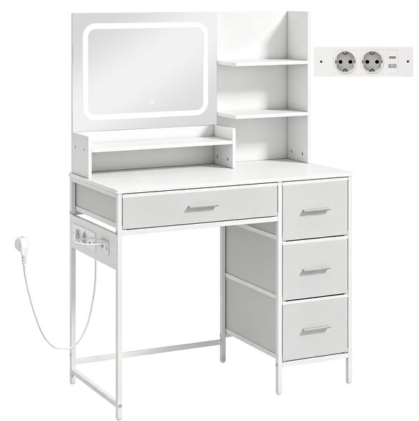 HOMCOM Toeletta Trucco con Specchio LED a 3 Colori, Presa Integrata, 4 Cassetti e 5 Ripiani Aperti, Bianco | Aosom Italy