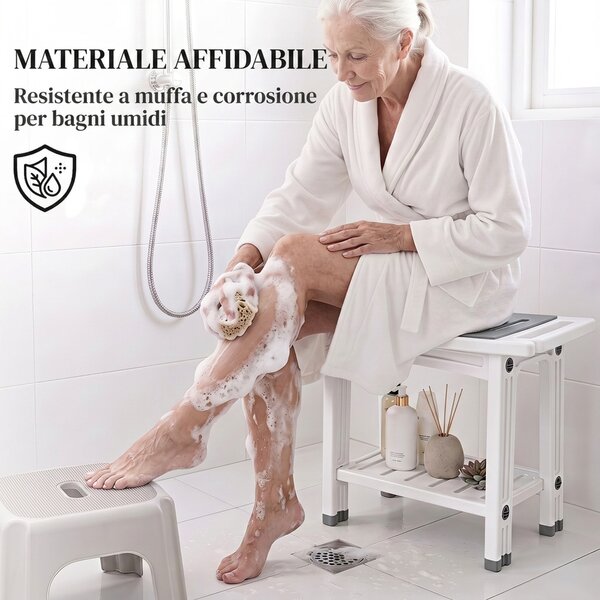 HOMCOM Sgabello da Bagno a 2 Livelli in HDPE con Cuscino in EVA, Ripiano Portaoggetti, Portata 120 kg, Bianco | Aosom Italy